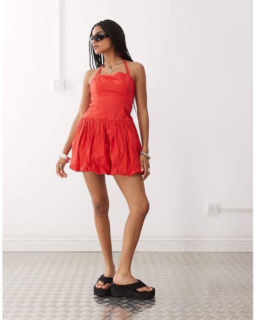 Collusion Red Puffball Halter Mini Dress