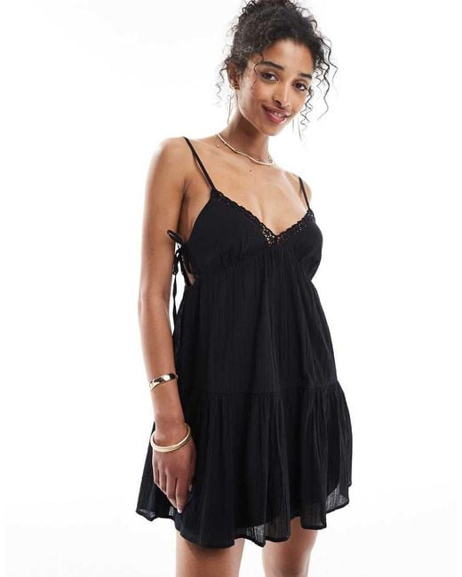 Bershka Black Strappy Lace Trim Tiered Mini Dress
