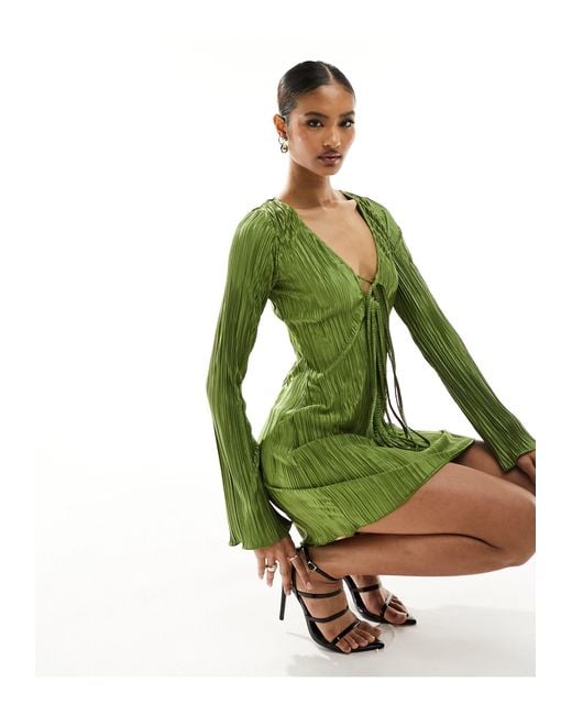 In The Style Green Tie Front Plisse Mini Dress