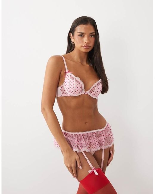 Ann Summers Pink Tease And Trouble Flocked Spot Tulle Ruffle Trim Suspender Belt