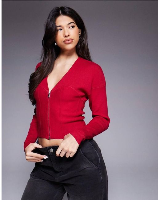 GOOD AMERICAN Red Knit V Neck Zip Front Cardigan