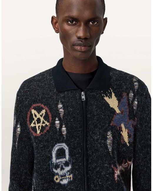 AllSaints Blue Meller Zip Up Embroidered Knit Cardigan for men