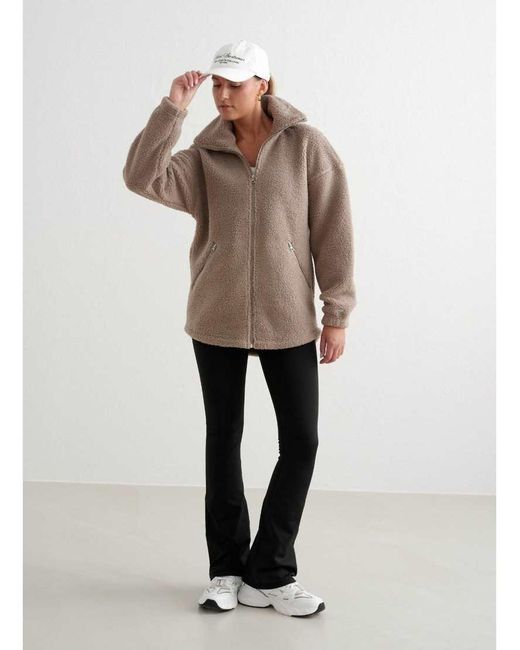 Aim'n Natural Dark Clay Teddy Borg Funnel Neck Zip Through Jacket