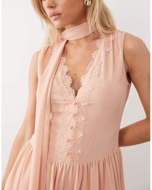 TFNC London Pink Low V-neck Chiffon And Lace Romper With Scarf