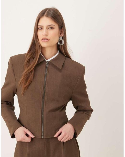 Wanderdoll Brown Maeve Tailored Zip Through Shoulder Pad Detail Shirt Co-ord