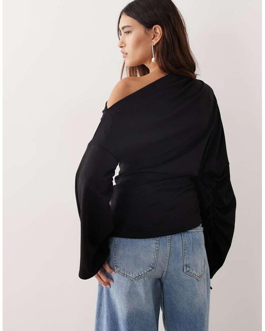 ARRANGE Black Jersey Off The Shoulder Wide Sleeves Top With Ruched Hem