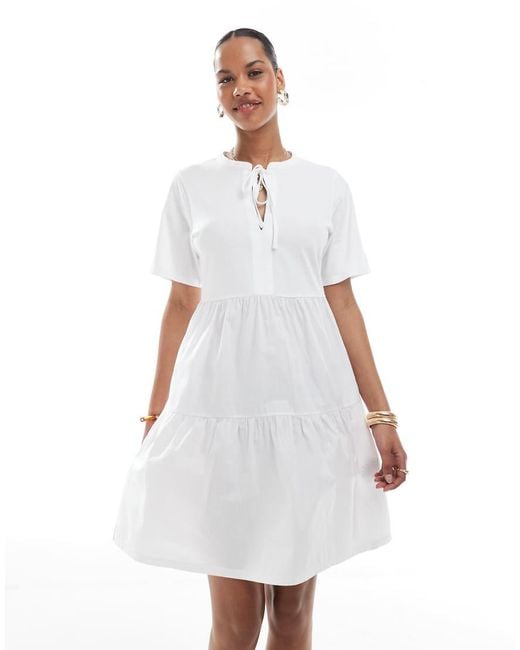 Threadbare White Cotton Rich Tiered Short Sleeve Mini Dress With Keyhole Detail
