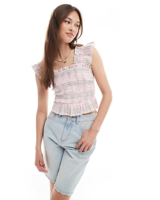 Canottiera A Quadri Arricciata di New Look in White