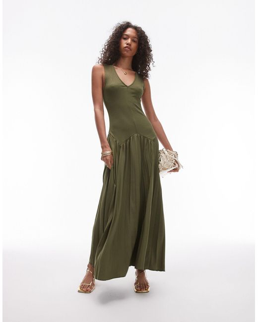TOPSHOP Green V Neck Jersey And Pleated Midi Dress