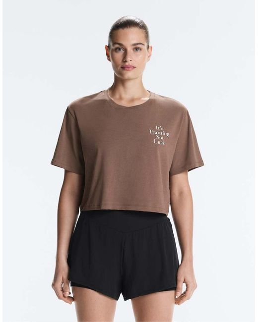 Oysho Brown Boxy Cropped Cotton Blend Slogan T-shirt