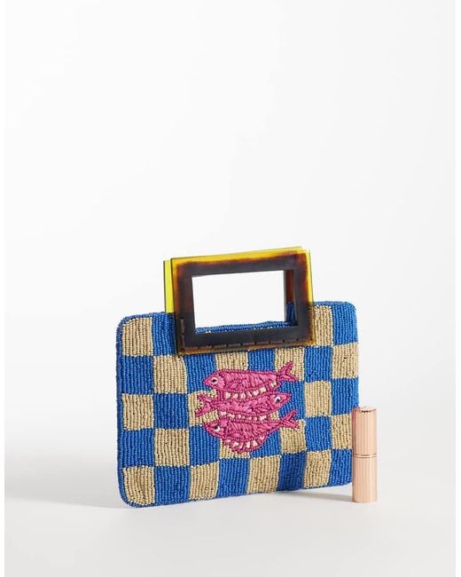 ASOS Blue Beaded Fish Resin Handle Clutch Bag