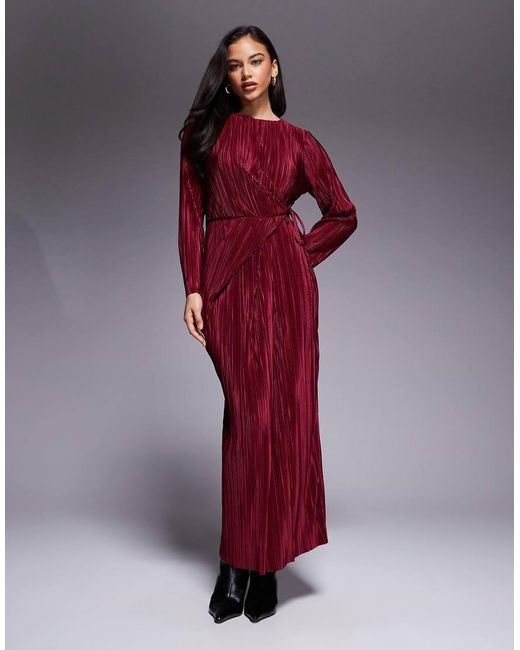 ASOS Red Plisse Long Sleeve Wrap Tie Waist Maxi Dress