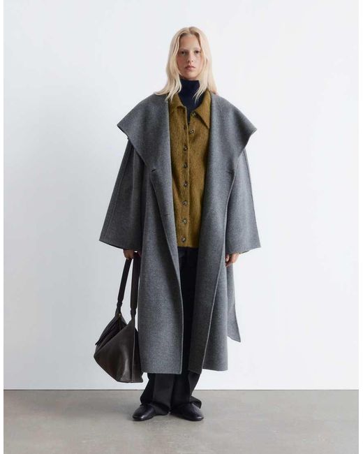 & Other Stories Black Wool Belted Maxi Coat With Funnel Neck