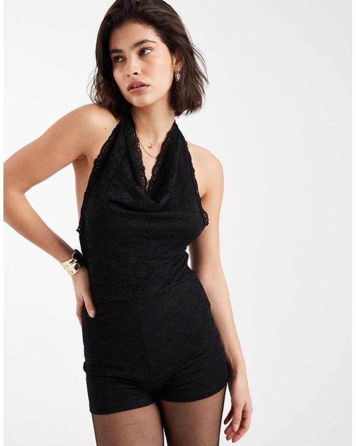 Miss Selfridge Black Lace Cowl Neck Playsuit With Scarf Detail