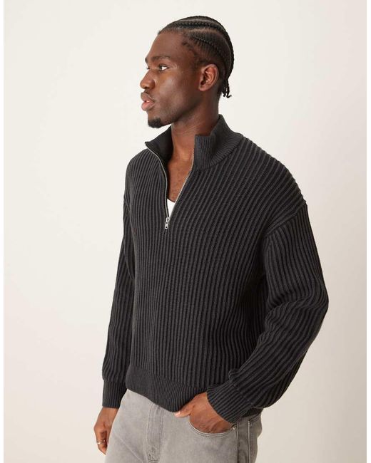 Abercrombie & Fitch Black Oversized Half Zip Stripe Stitch Knit Jumper for men