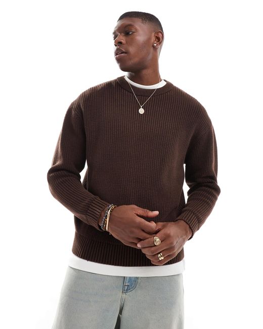 Pull&Bear Brown Ribbed Acid Washed Jumper for men