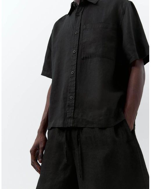 Pull&Bear Black 100% Linen Short Sleeve Shirt for men