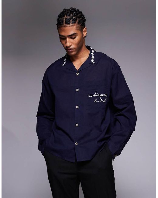 ASOS Blue Revere Shirt With Placement Print And Embroidery for men
