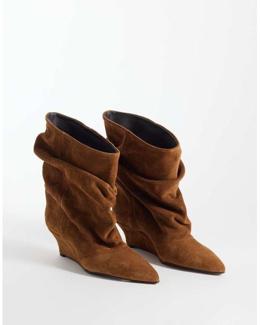 ASOS Brown Riven Premium Suede Wedge Slouch Boots