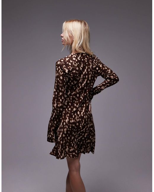 TOPSHOP Brown Long Sleeve Slash Neck Mini Dress