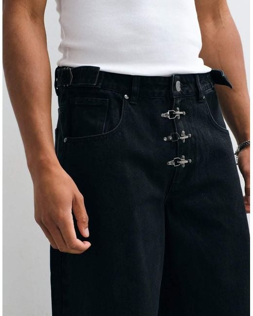Liquor N Poker Black Baggy Fireman Clasp Detail Jeans for men