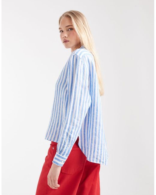 Polo Ralph Lauren Blue Icon Logo Stripe Boxy Linen Shirt