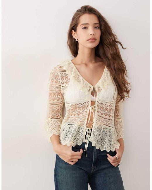 Miss Selfridge Natural Premium Lace Open Knit Frill Cardigan