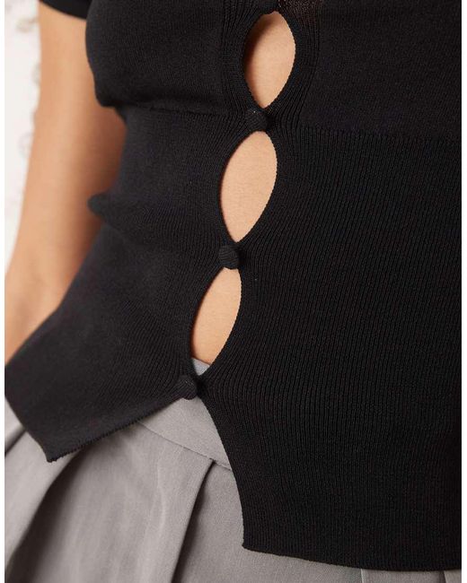 Mango Gray High Neck Knitted Short Sleeve Top With Cut Out Detail