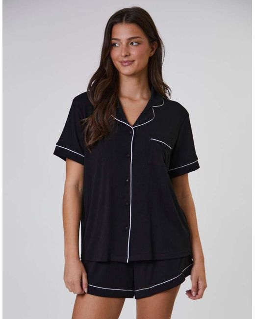 Loungeable Black Ladies Traditional Rib Short Pyjama Set