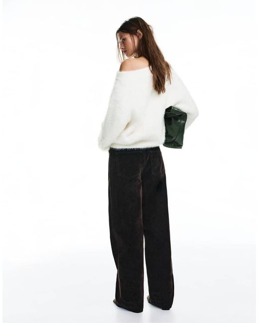 Pull&Bear White Asymmetric Faux Fur Sweater