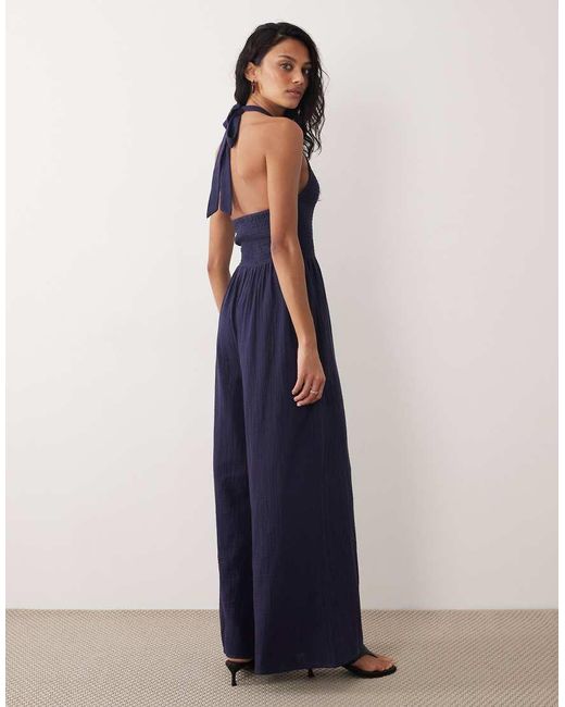 Nobody's Child Blue Tizzy Cotton Halter Neck Wide Leg Jumpsuit