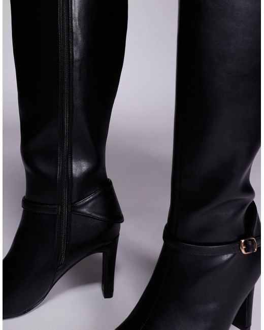 Public Desire Black Poppy Heeled Knee Boots With Buckle Detail