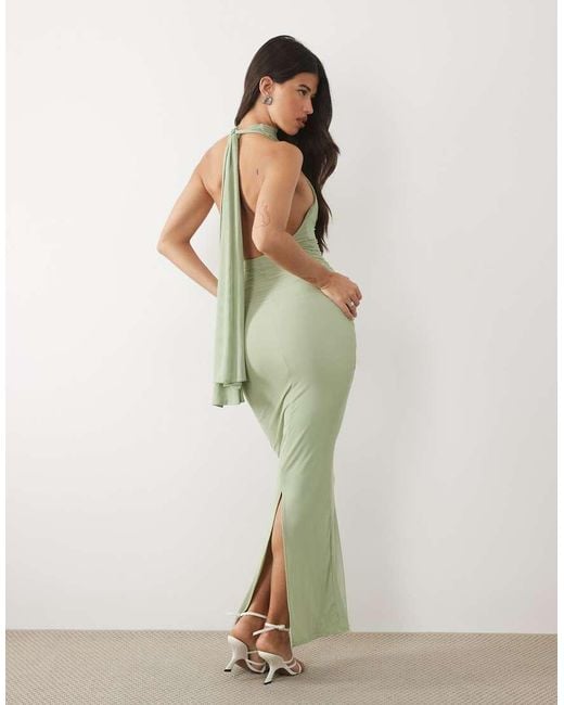 ASOS Green Mesh Twist Bust Detail Halter Maxi Dress With Tie Back Neck