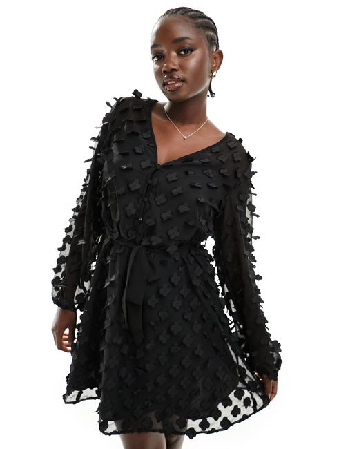 Y.A.S Black 3d Textured Belted Shirt Dress