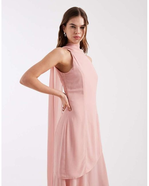 TFNC London Pink Bridesmaid Chiffon Halter Neck Scarf Detail Maxi Dress With Sheer Skirt