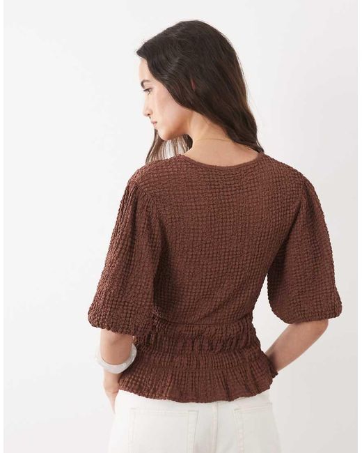 ASOS Brown Textured Cinch Waist Puff Sleeve Top
