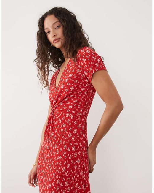 Mango Red Twist Front V Neck Midi Dress