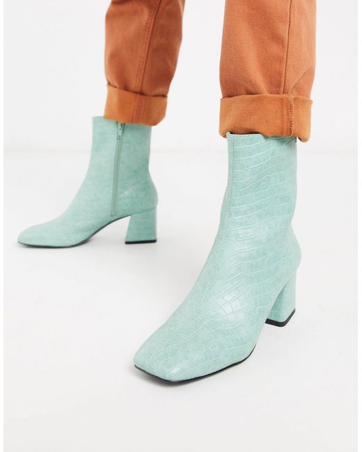 Monki Green Croc Print Ankle Boots With Block Heel