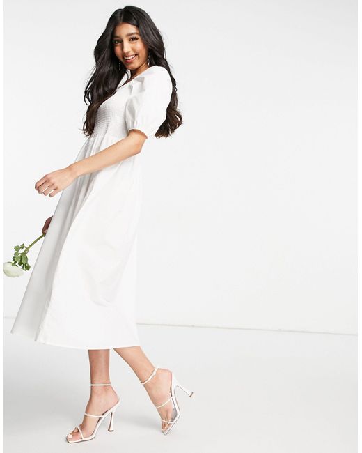 Y.A.S Bridal Poplin Midi Dress With Shirred Top And Puff Sleeves in ...