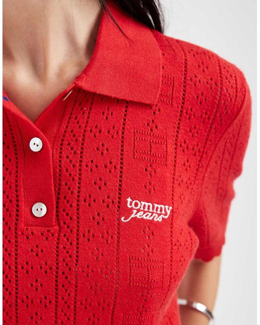 Tommy Hilfiger Red Pointelle Polo Sweater