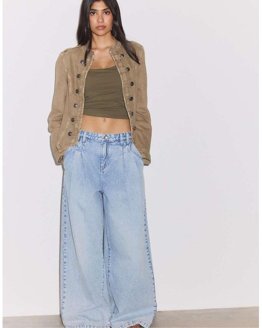 Stradivarius Blue Pleated Wide-leg Jeans