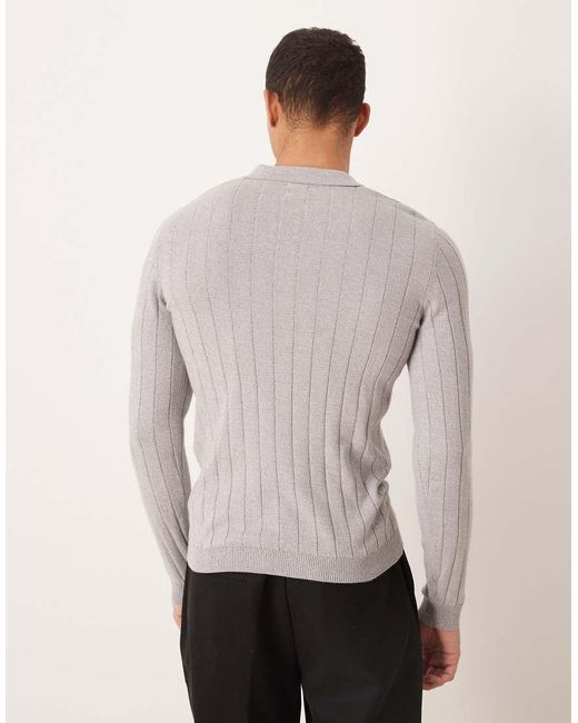 ASOS White Muscle Fit Long Sleeve Knitted Rib Notch Neck Polo for men