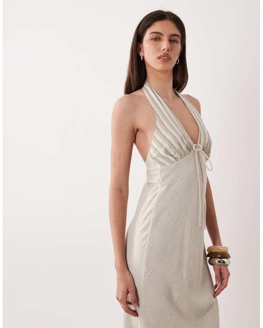 ASOS Natural Halter Neck Linen Look Slip Maxi Sundress With Stripe Bust