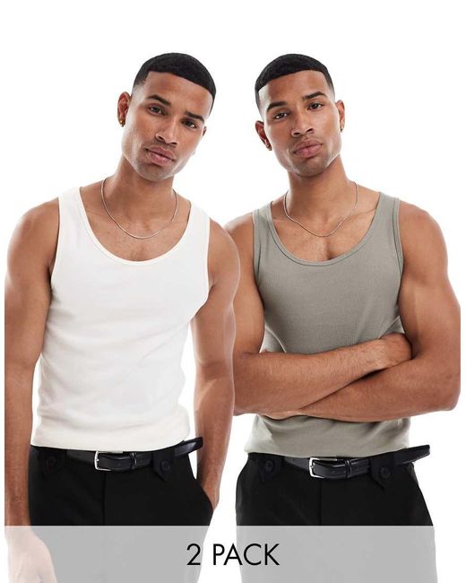ASOS Set Van 2 Basic Geribbelde Muscle Fit Hemdjes in het White voor heren