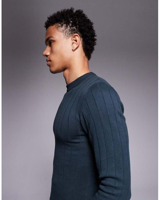 ASOS Blue Muscle Fit Long Sleeve Knitted Rib T-Shirt for men
