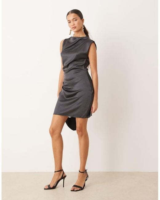 Mango Black Ruched Side Satin Sleeveless Mini Dress