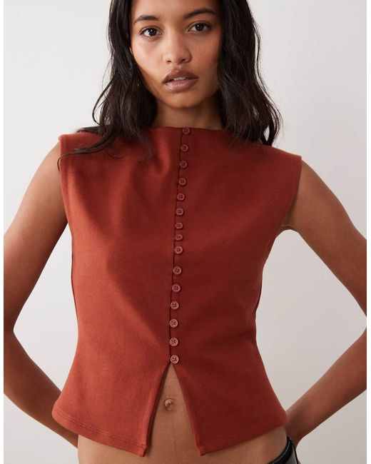 ASOS Red Compact Cotton Grown On Sleeve Button Down Top
