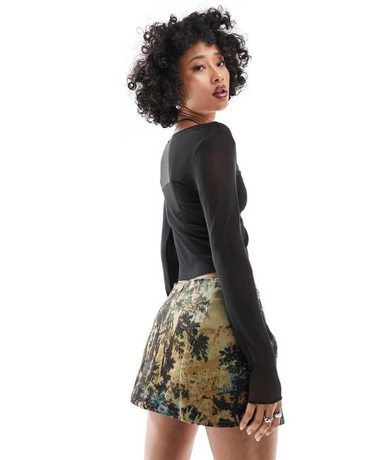 ONLY Geribbelde Crop Top Met V-Hals En Mesh-Detail in het Black