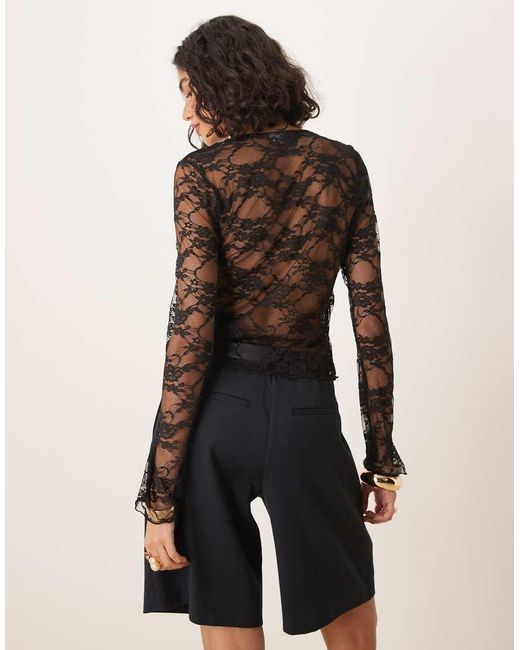 ASOS Black Square Neck Flared Sleeve Layered Lace Top