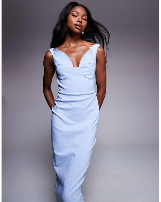 Vesper Blue Bengaline Sweetheart Neckline Midaxi Dress